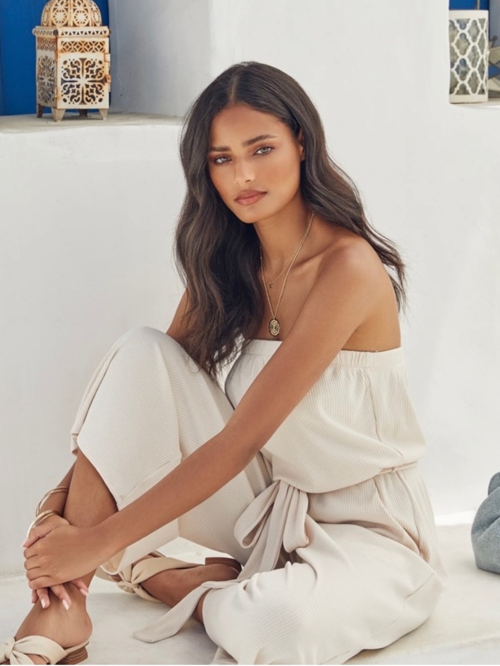 Strapless Cream Ribed Wide-Leg Jumpsuit